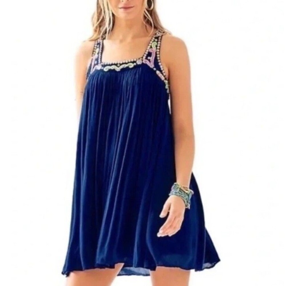 Lilly Pulitzer Lorna Dress Boho Embroidered Beaded Trapeze Lined Blue Medium